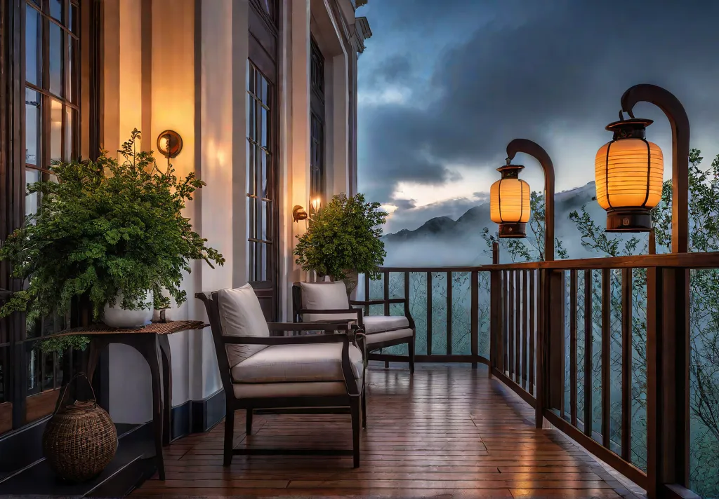 A charming balcony adorned with a variety of glowing lanterns casting afeat