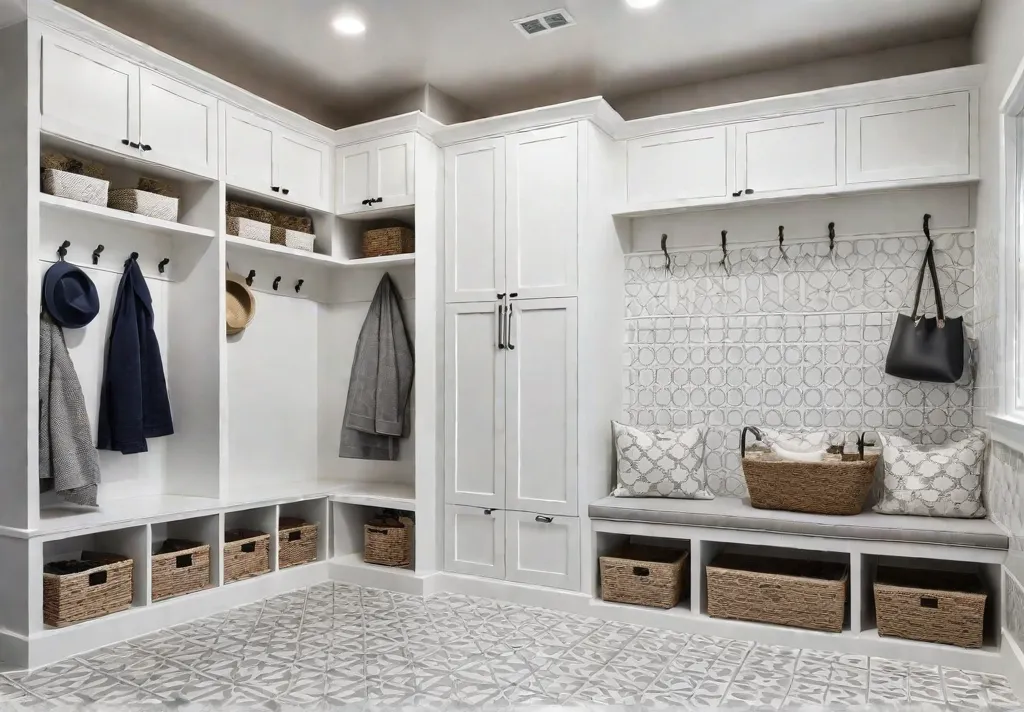 A charming farmhouse style mudroom with white builtin storage benches and cabinetsfeat