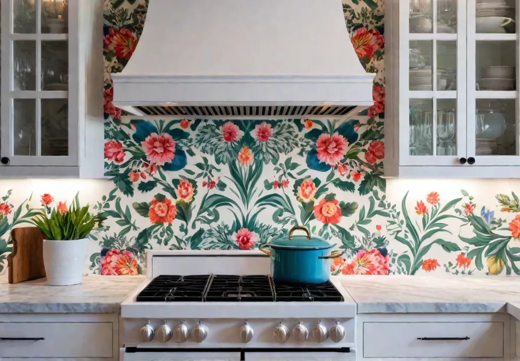 A charming kitchen interior showcasing a vibrant floral wallpaper backsplash behind thefeat