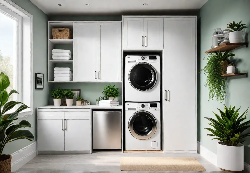 A compact laundry room with floortoceiling white cabinets a stackable washer andfeat