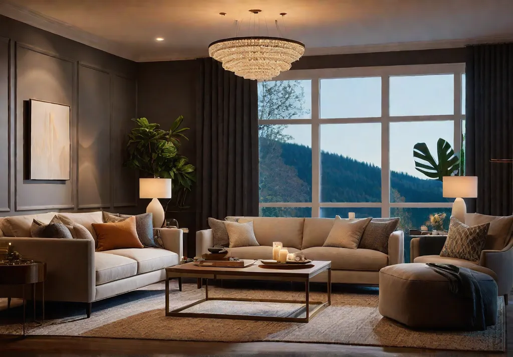 A cozy living room bathed in warm inviting light The scene showcasesfeat