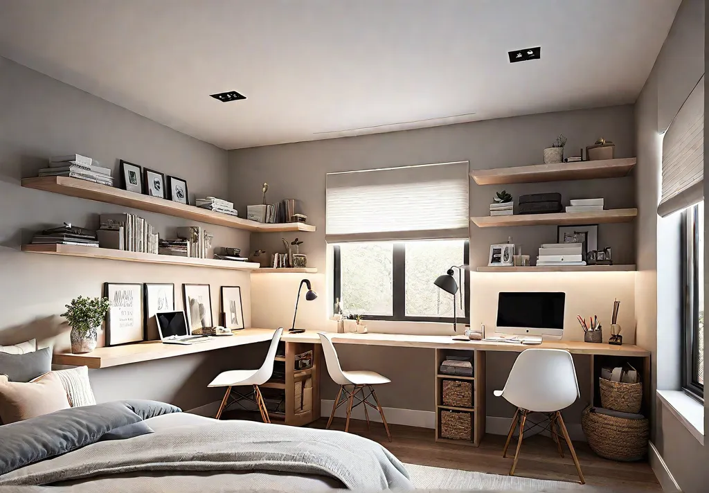 A cozy small bedroom with a lofted bed a workspace underneath withfeat