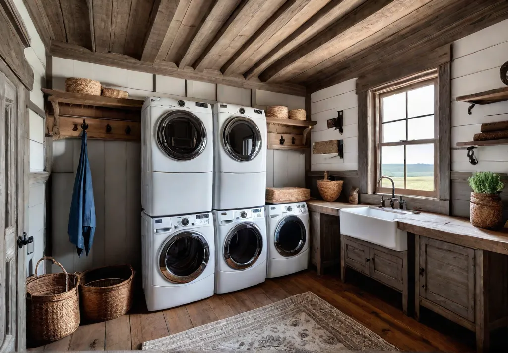 A farmhouse laundry room with shiplap walls exposed wood beams a vintagefeat