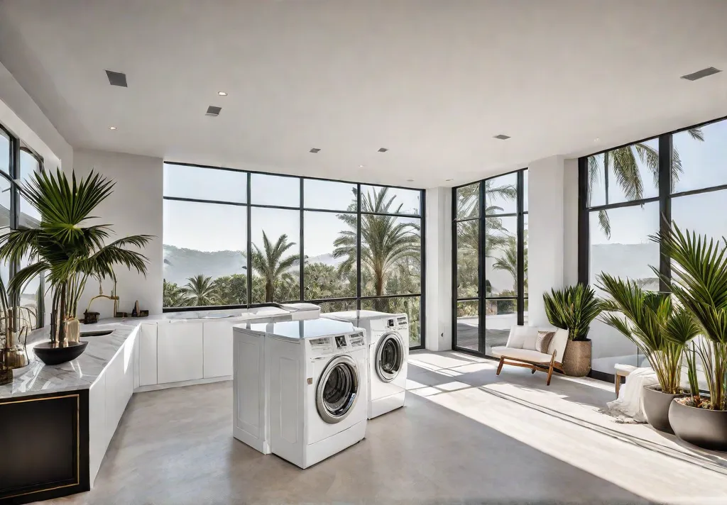 A laundry room bathed in soft natural light featuring a marble countertopfeat