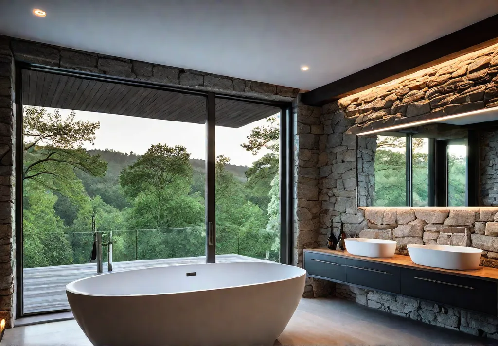 A luxurious modern bathroom with a freestanding tub floortoceiling windows showcasing afeat