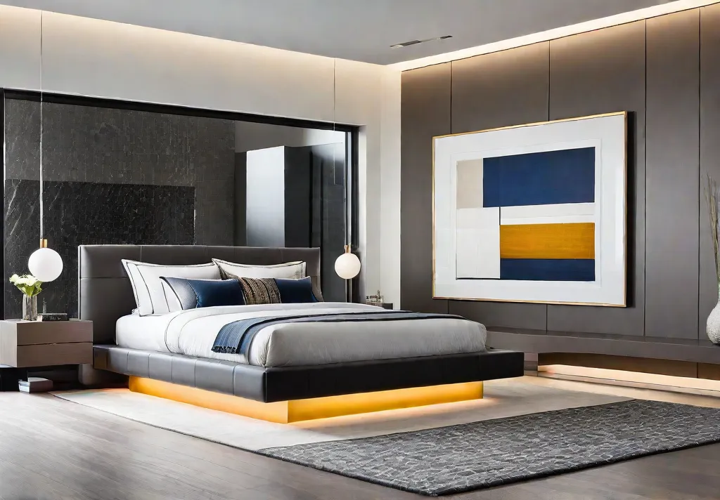 A modern bedroom with a platform bed sleek nightstands and minimalist artworkfeat