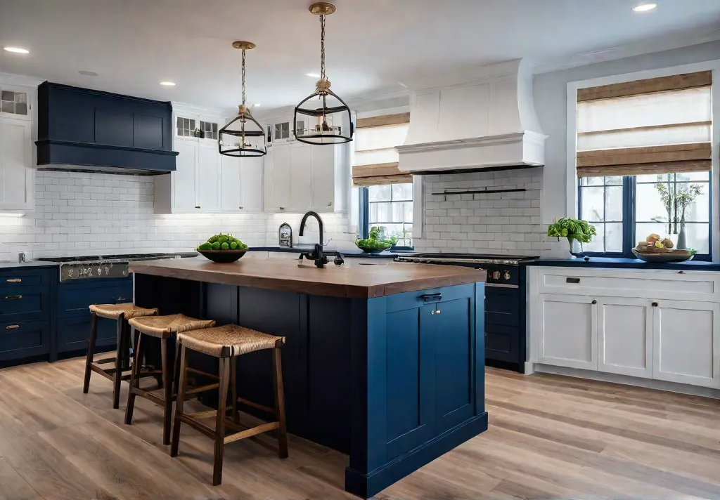 A modern farmhouse kitchen with white shaker cabinets a contrasting dark walnutfeat