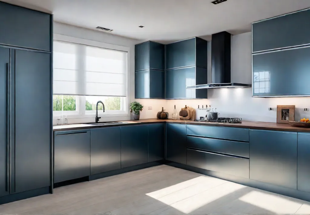 A modern kitchen featuring sleek stainless steel cabinets offering a clean andfeat