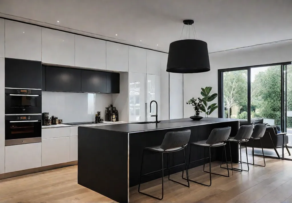 A modern kitchen filled with natural light featuring a black kitchen islandfeat