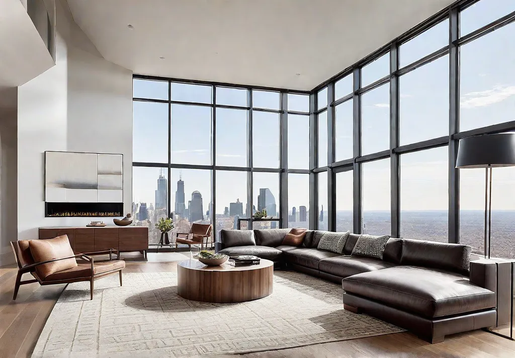 A modern living room bathed in natural light with floortoceiling windows showcasingfeat