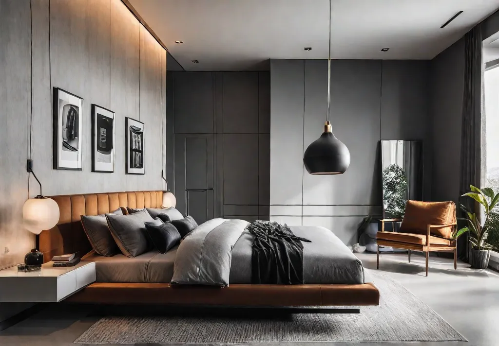 A modern minimalist bedroom with clean lines a neutral color palette andfeat