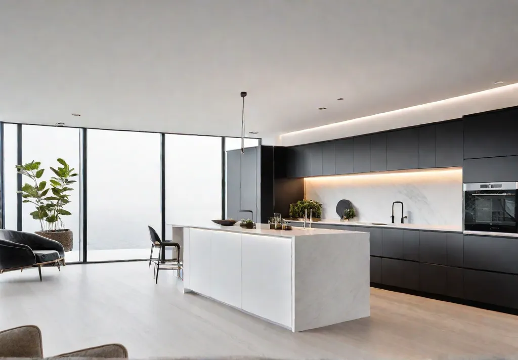 A modern minimalist kitchen featuring sleek handleless cabinets with a pushtoopen mechanismfeat