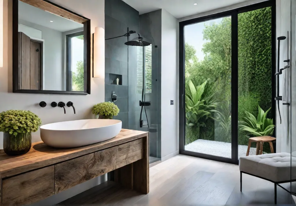 A serene bathroom bathed in natural light with a large window showcasingfeat