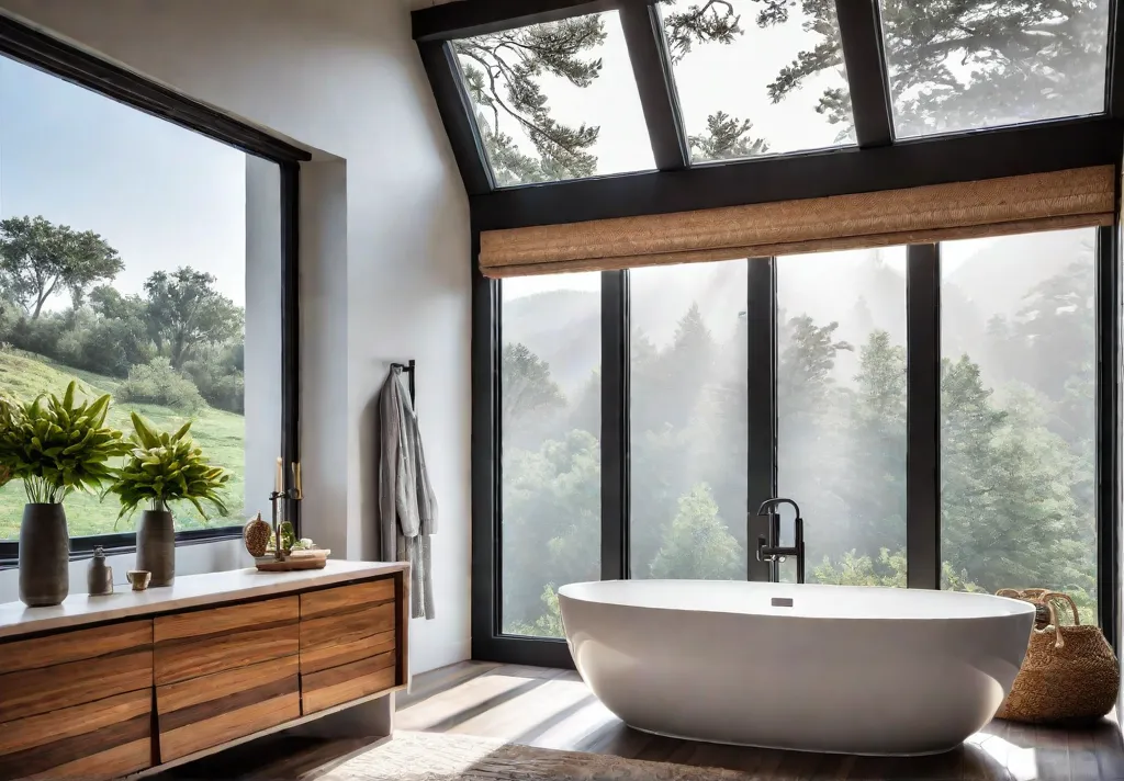 A serene bathroom retreat with a freestanding soaking tub as the centerpiecefeat