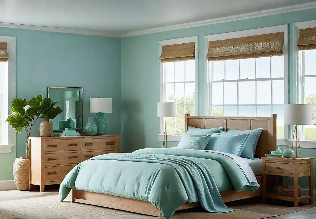 A serene bedroom bathed in soft cool hues of blue and greenfeat