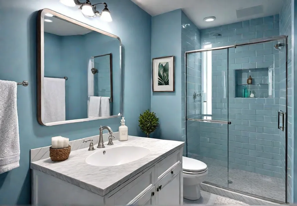 A small bathroom with light blue walls and white fixtures featuring afeat