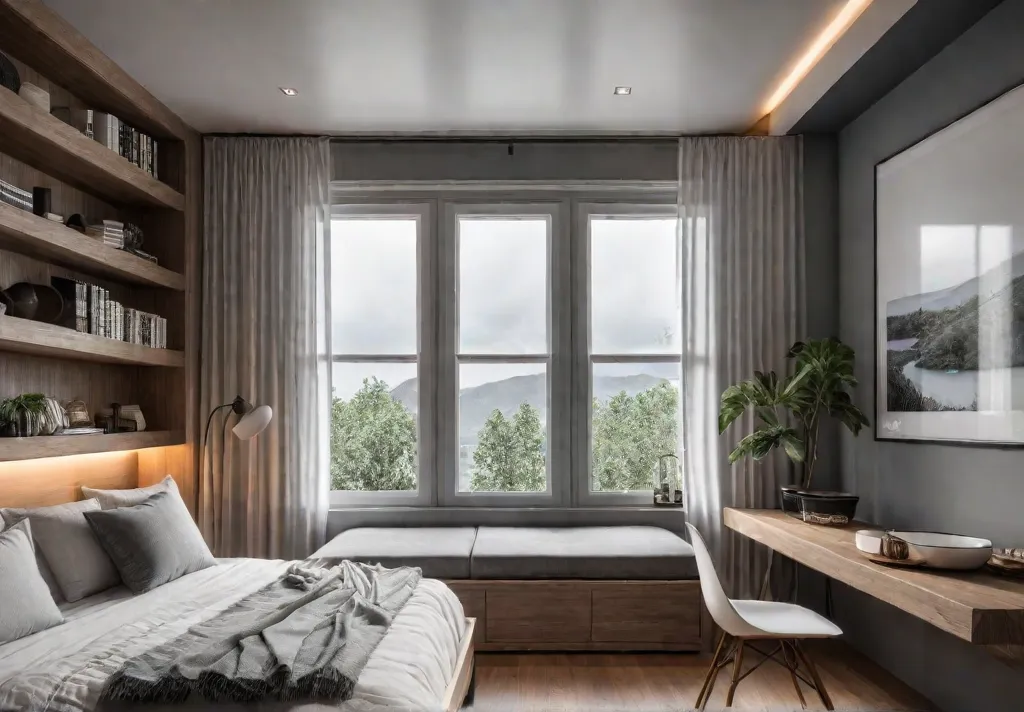 A small bedroom with a minimalist design featuring a daybed with builtinfeat