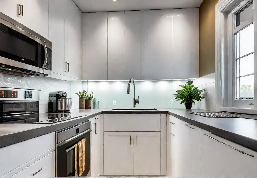 A small brightly lit kitchen with light countertops and a colorful backsplashfeat