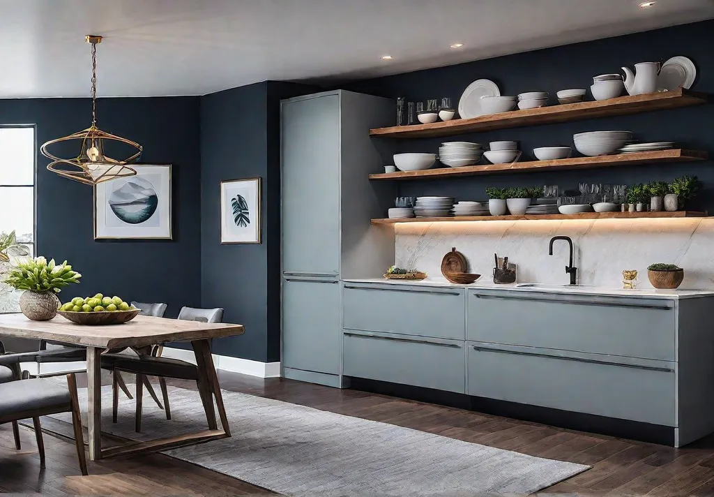 A small brightly lit kitchen with open shelving displaying neatly organized dishwarefeat