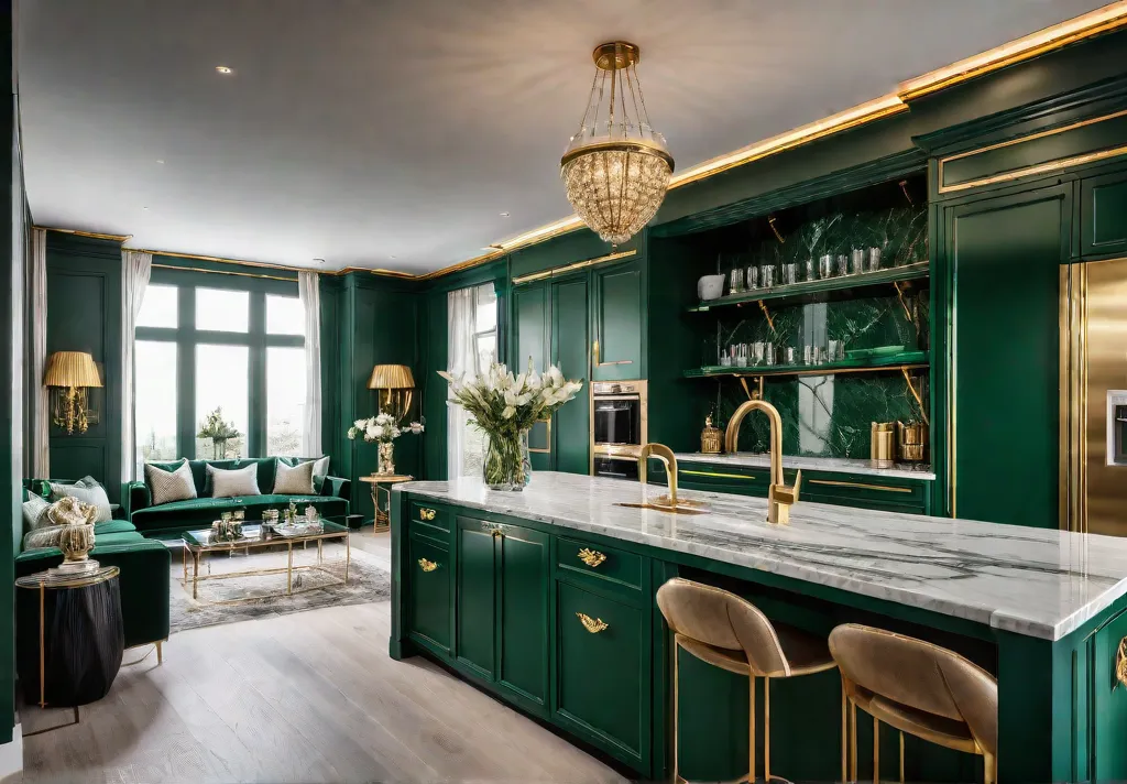 A small kitchen with emerald green cabinets gold accents and marble countertopsfeat