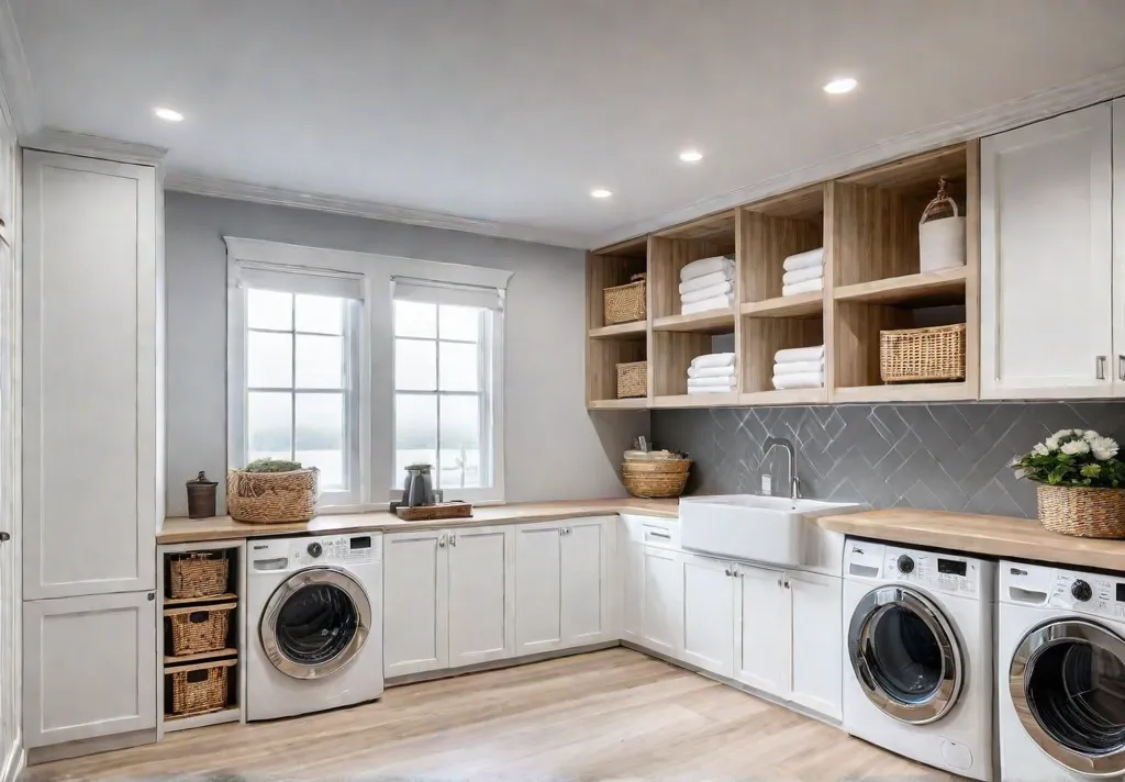 A small laundry room with white walls and light woodlook tile flooringfeat