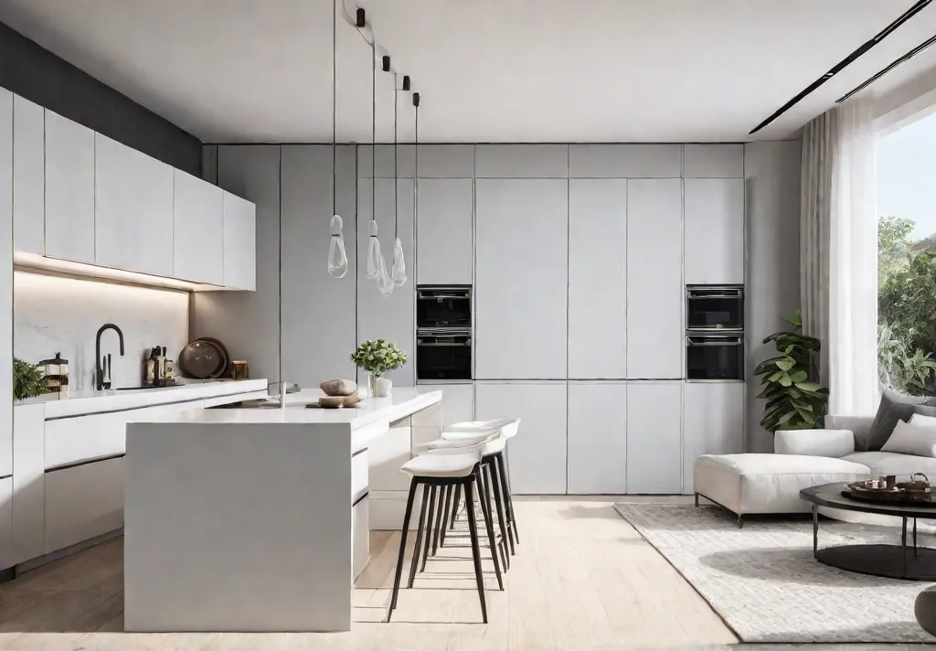 A small minimalist kitchen with clean lines uncluttered surfaces and a limitedfeat