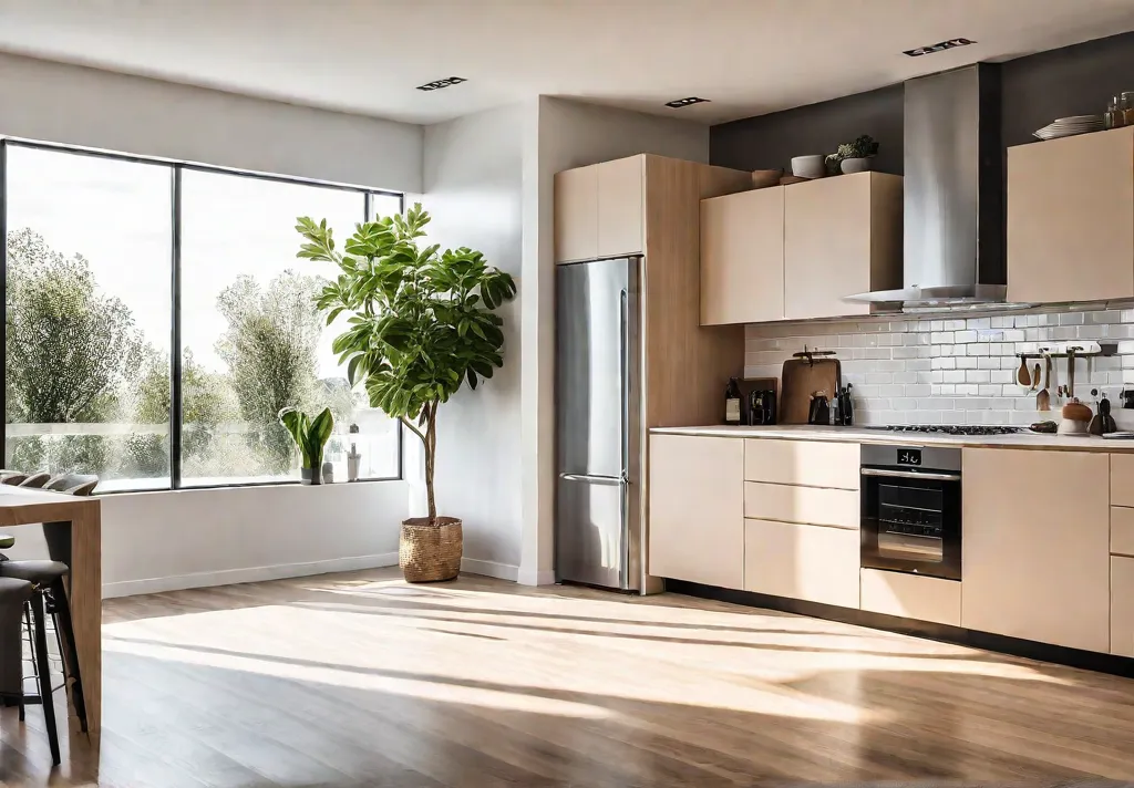 A small sundrenched kitchen with a white island reflecting light from thefeat