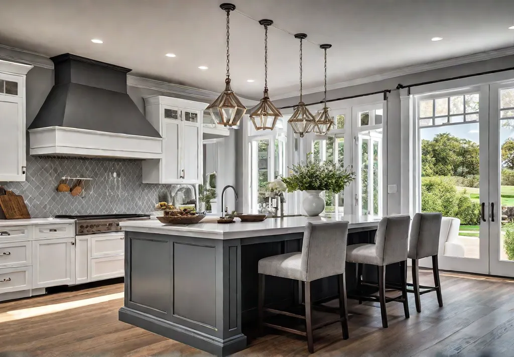 A sundrenched modern farmhouse kitchen with a large kitchen island as thefeat