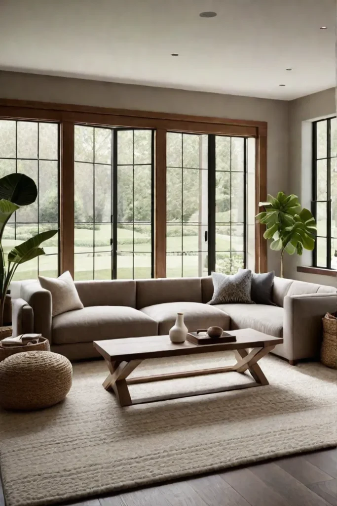 A living room with a focus on natural textures and warm sunlight