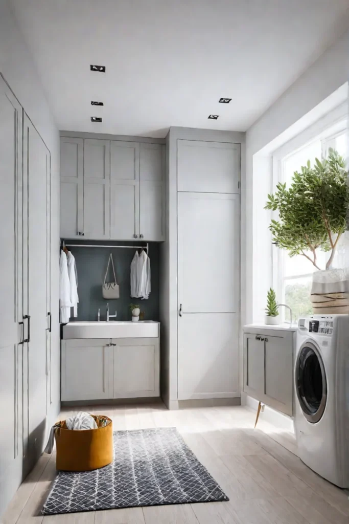 A minimalist laundry room with hidden storage