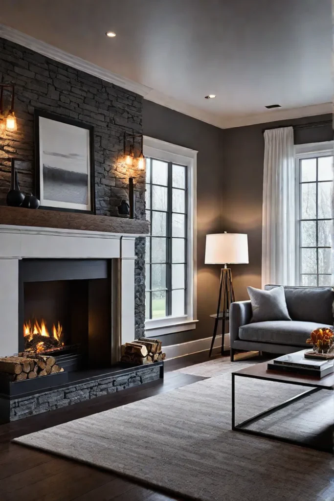 Accent lighting highlights architectural details of a living room fireplace