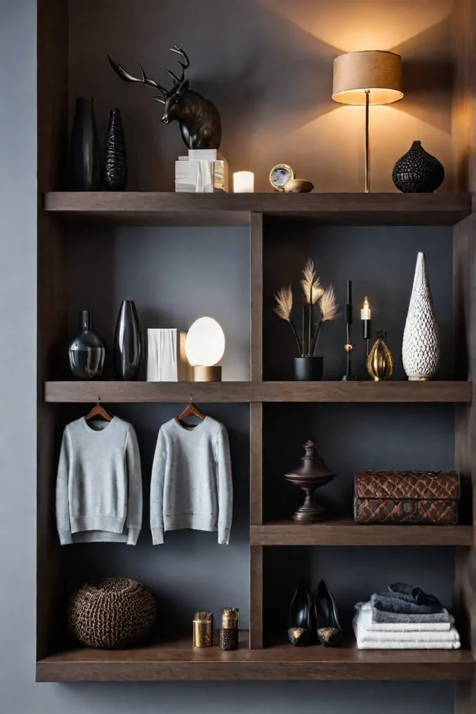 Accent lighting showcases decorative objects on a living room shelf