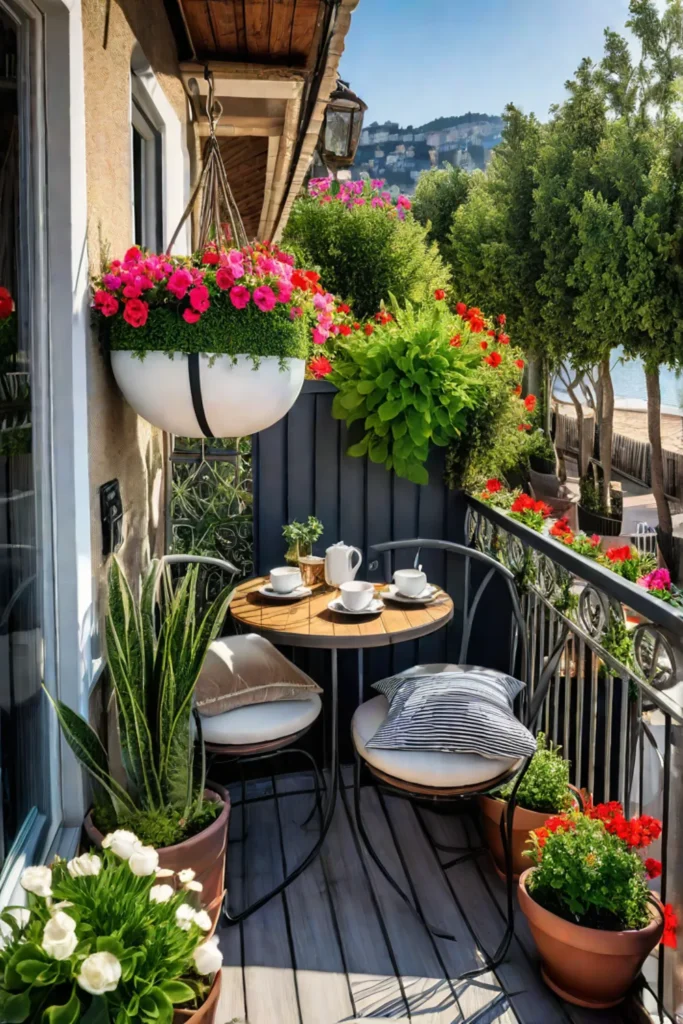 Afternoon sunlight cozy balcony retreat colorful flowers