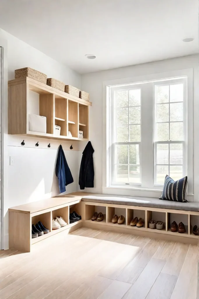 Airy mudroom with vinyl floor and builtin storage