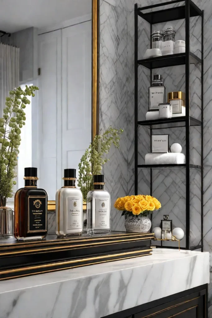 Antique perfume bottles and decorative boxes on a marble shelf