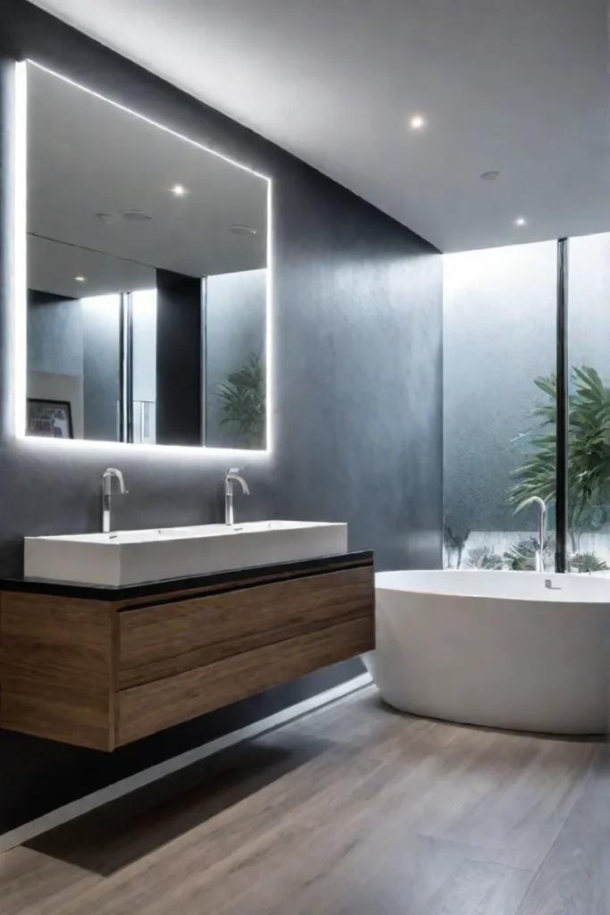 Backlit mirror and recessed lighting in a serene bathroom escape