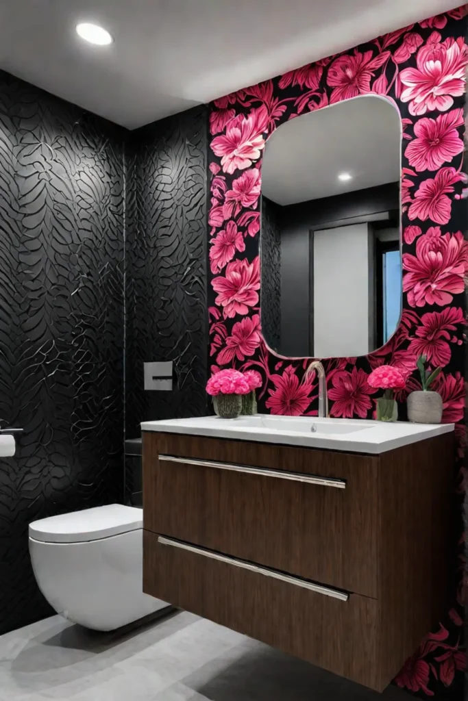 Bathroom with bold wallpaper and statement backsplash