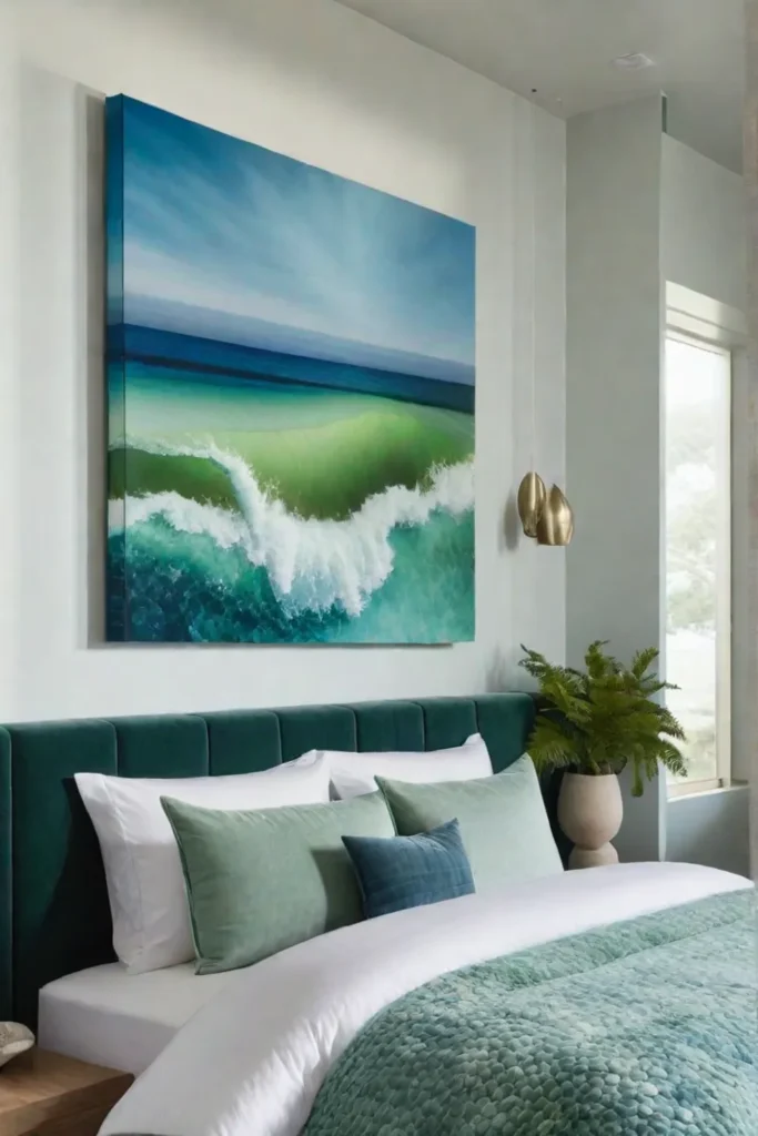 Bedroom with abstract art and ocean elements