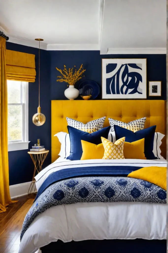 Bedroom with navy and mustard color scheme