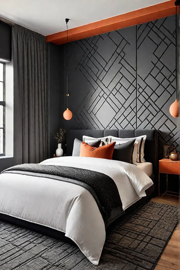 Bedroom with terracotta and grey accent wall