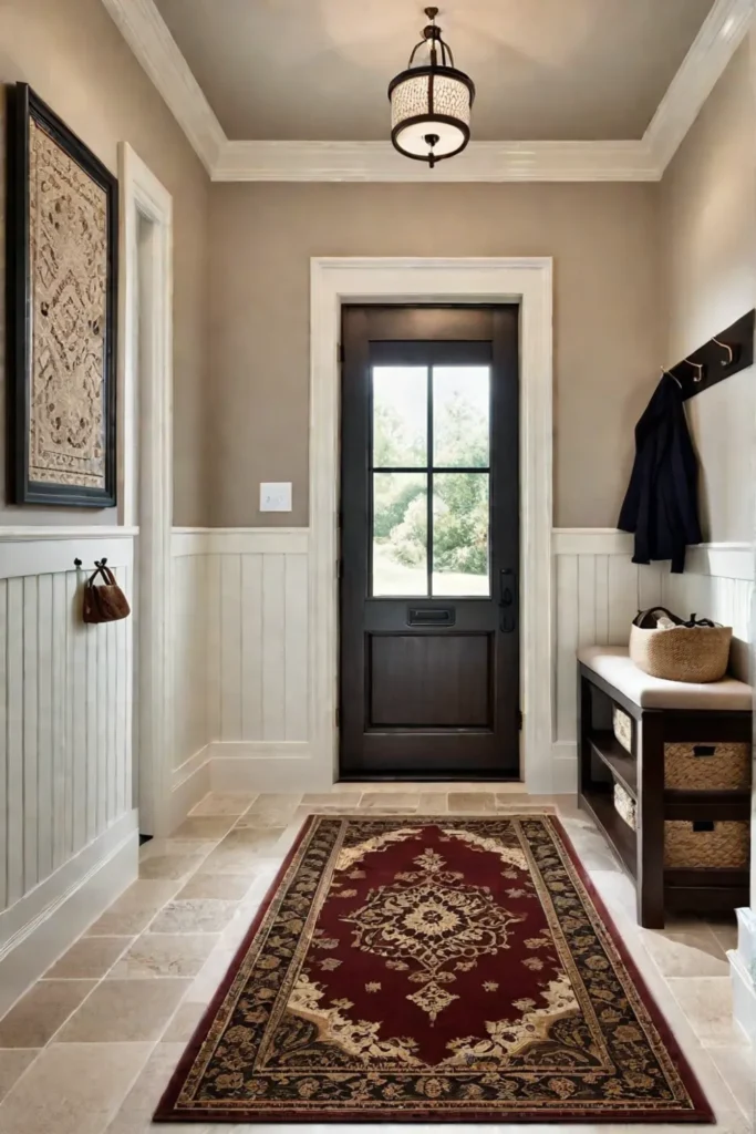 Beige travertine tiles in a classic mudroom