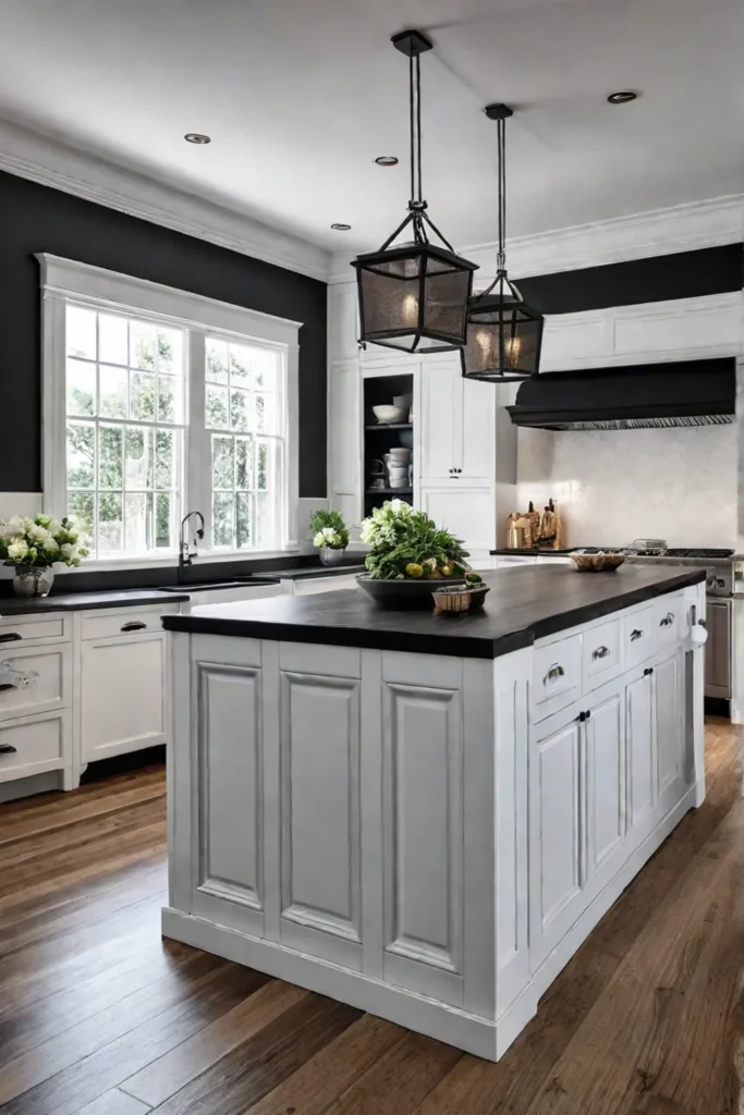 Black kitchen island in a bright kitchen