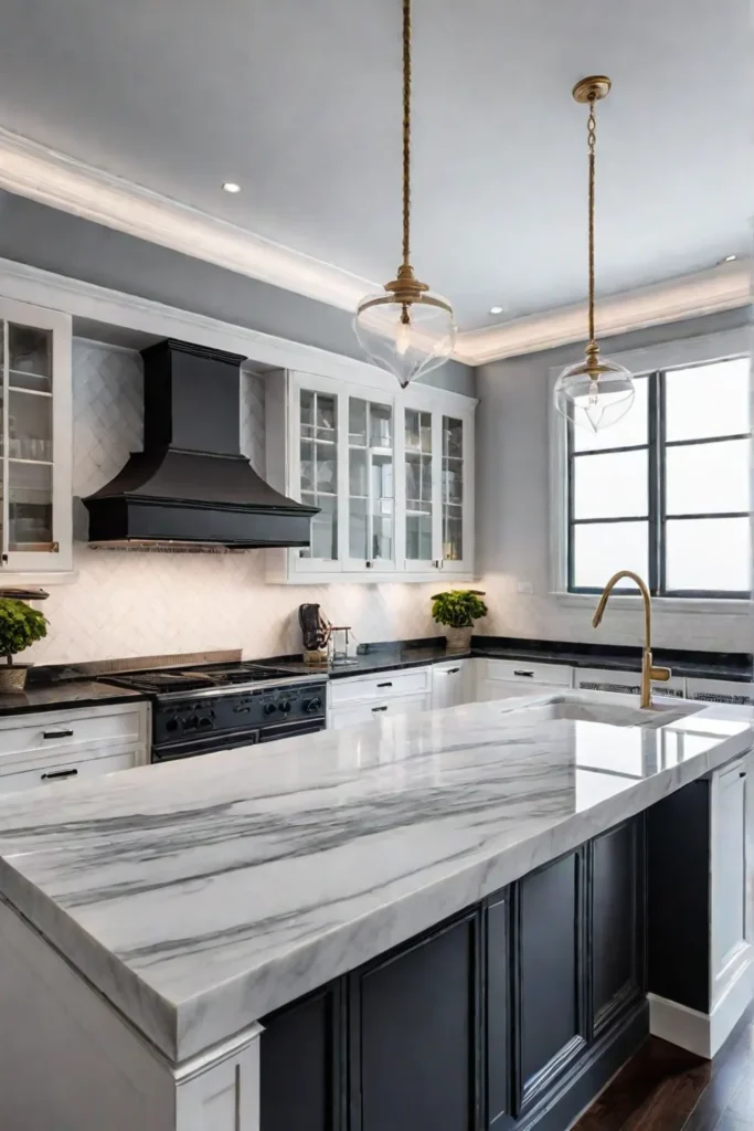 Black kitchen island white cabinets marble countertops elegant kitchen