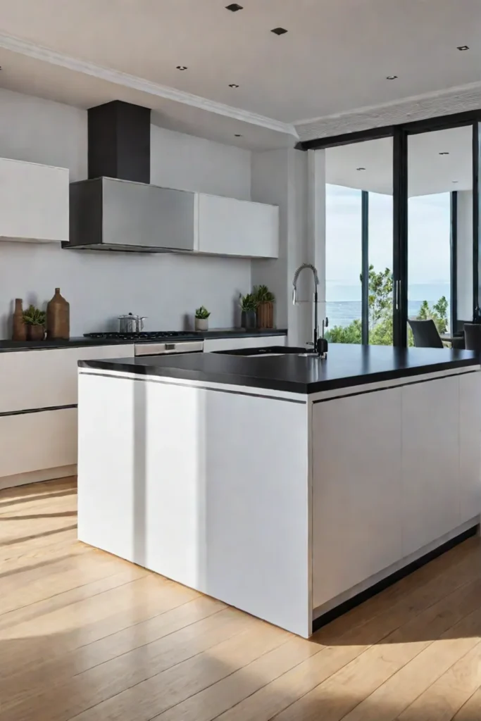 Black kitchen island white cabinets natural light