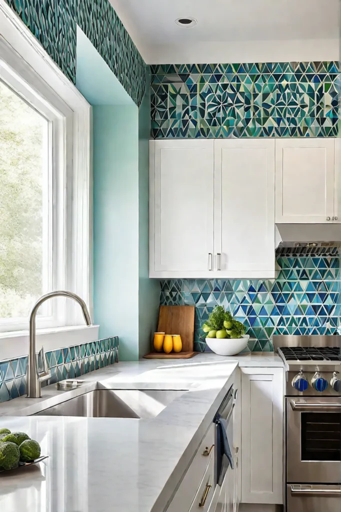 Blue and green tessellation pattern on kitchen wallpaper