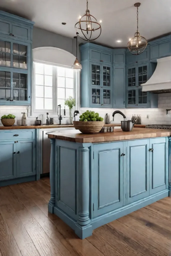 Blue kitchen island contrasting with warm wood