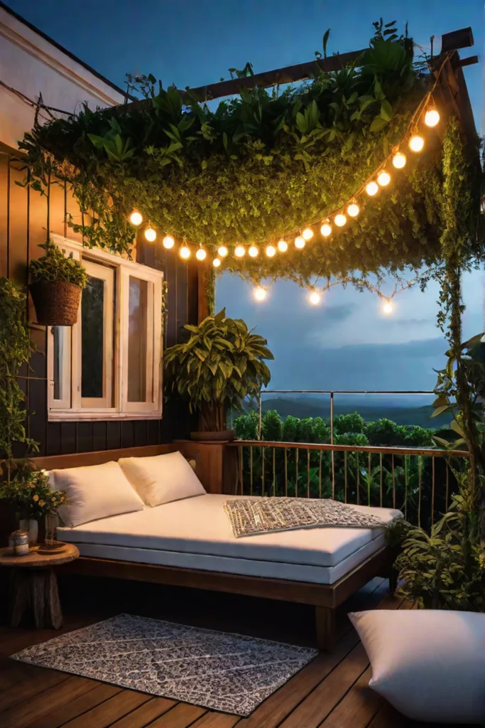 Bohemian balcony with string lights and plants