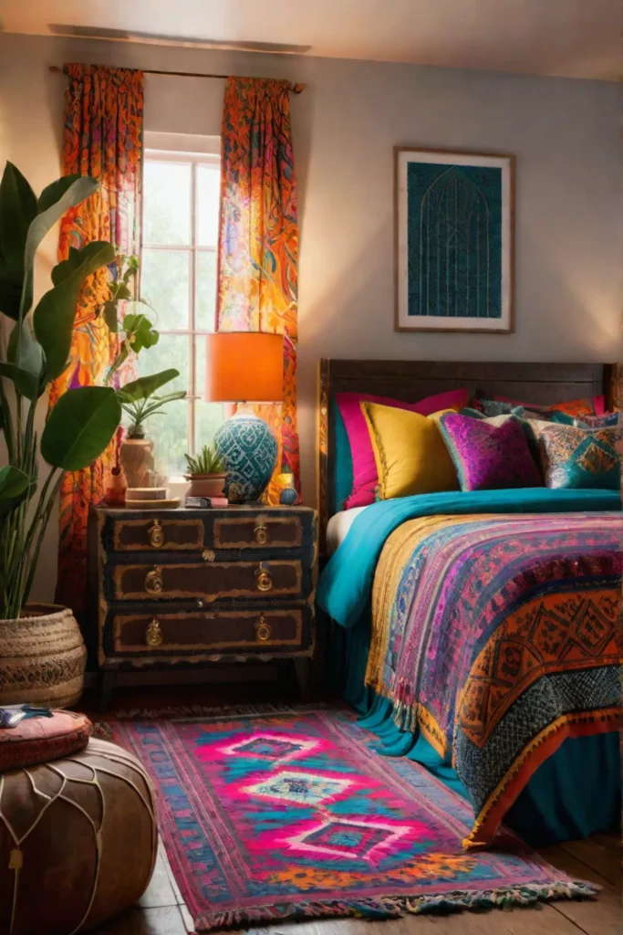 Bohemian bedroom with vibrant colors and eclectic furniture