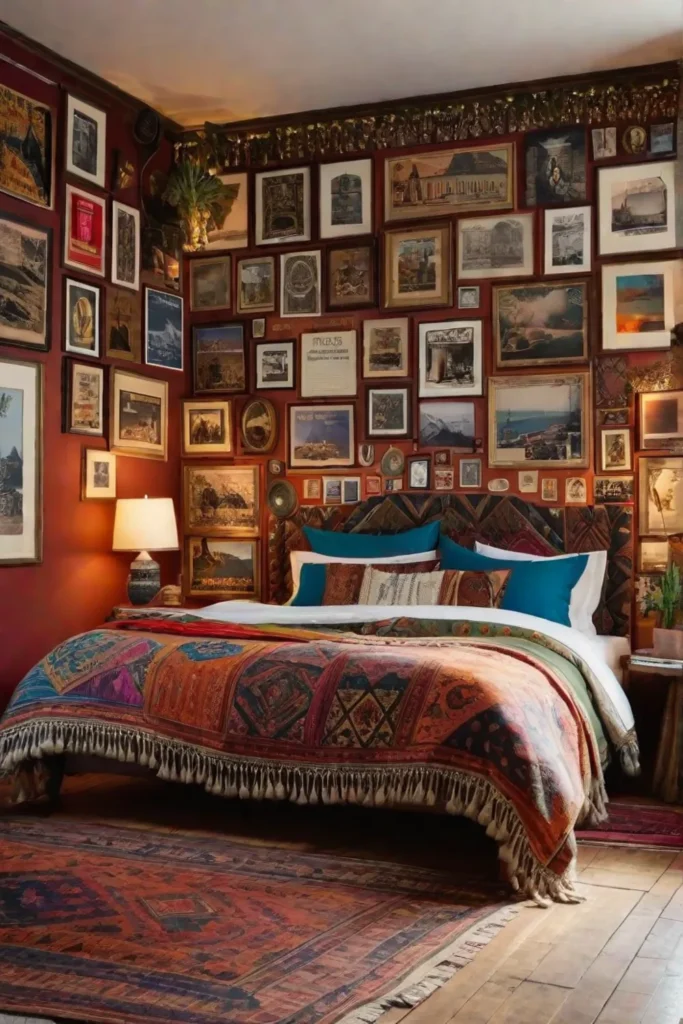 Bohemian bedroom with vintage furniture and tapestries