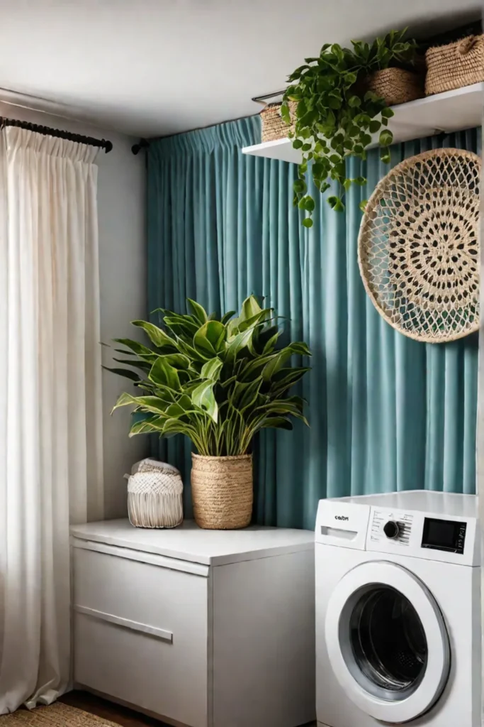 Bohemian laundry room with macrame and woven baskets